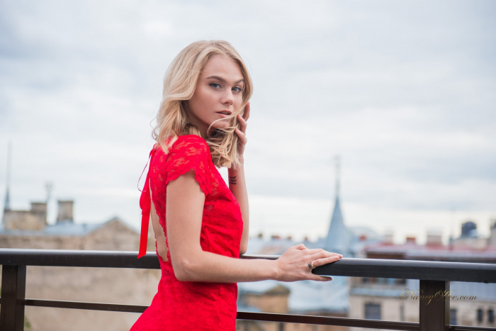 Nancy A - Sexy Babe In Red Dress And Stockings On The Roof