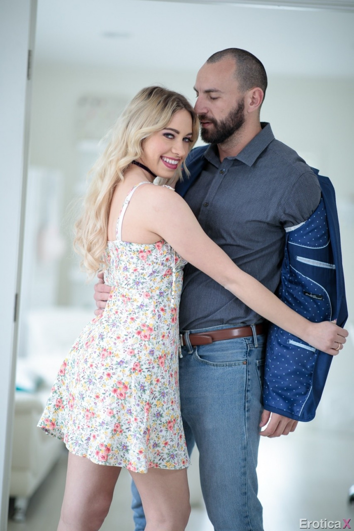 Blonde teen Khloe Kapri undresses to get her twat penetrated on the sofa