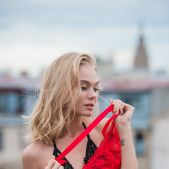 Nancy A - Sexy Babe In Red Dress And Stockings On The Roof