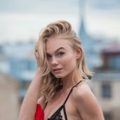 Nancy A - Sexy Babe In Red Dress And Stockings On The Roof