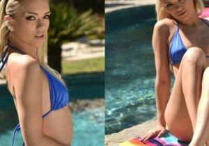Blonde babe with tiny titties Alex Grey gives footjob and gets toes jizzed