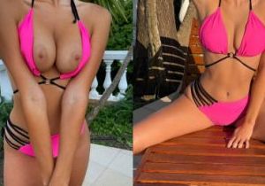 Hot Brunette with Big Natural Tits in Pink Bikini - Yoya Grey